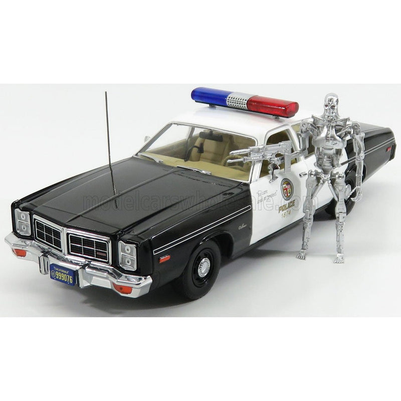 Dodge Monaco Police 1977 With T-800 Endoskeleton Figure - The Terminator Black White 1:18