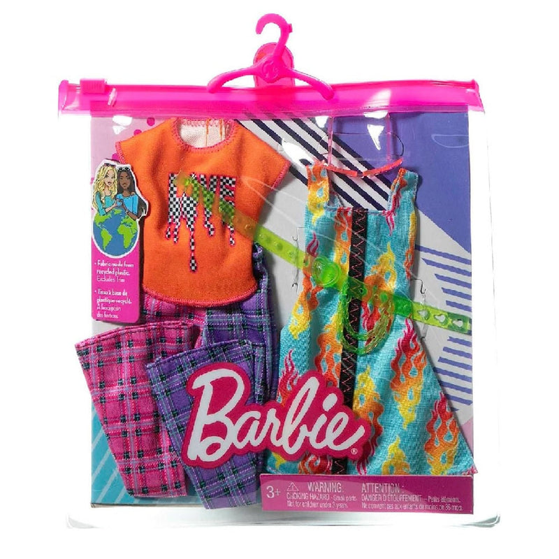 Barbie Fashions 2 Pack Love T-shirt, Check Flared Pants & Flames Print Dress Toy