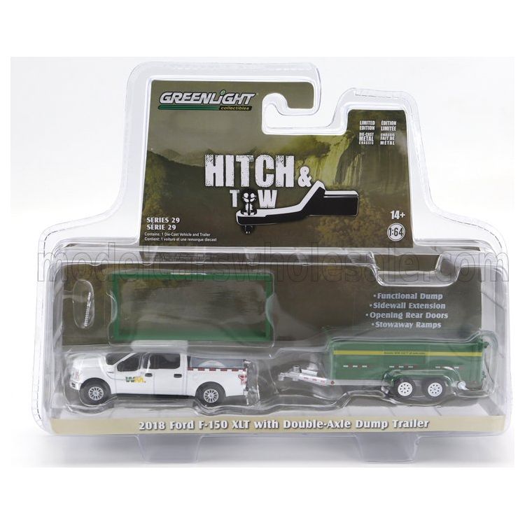 Ford USA F-150 Pick-Up 2018 With Small Cargo Ups Trailer White Green - 1:64