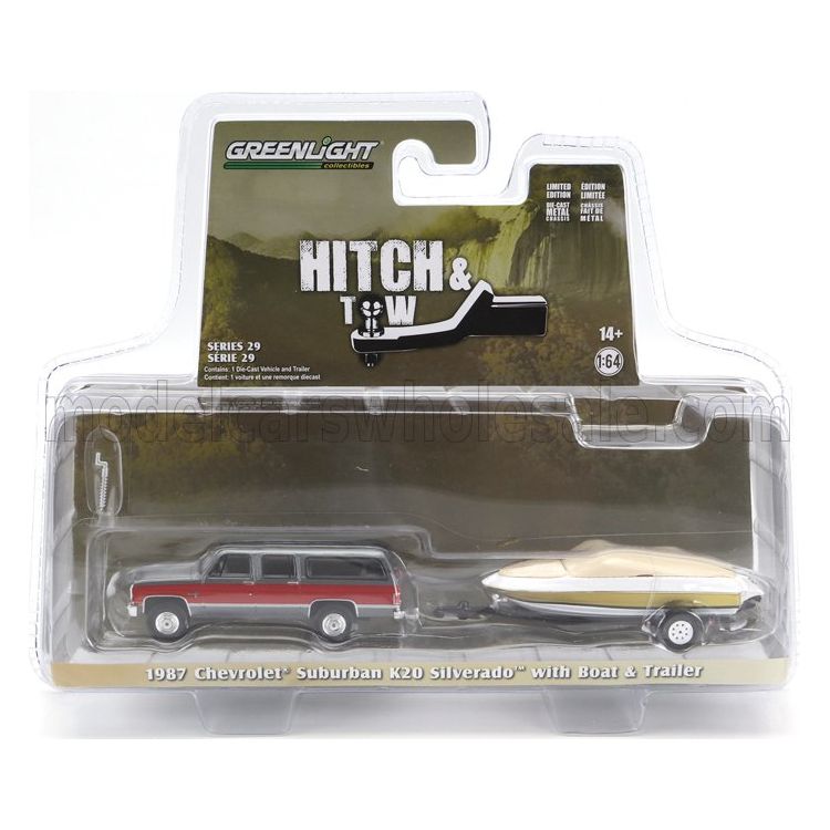 Chevrolet Silverado K20 Suburban Pick-Up 1987 With Boat And Trailer Red White Gold - 1:64