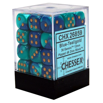 Gemini 12 MM D6 Dice Blocks With Pips Dice Blocks 36 Dice Blue Teal With Gold