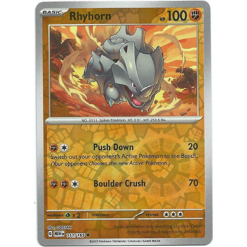 Rhyhorn (Reverse Holo) 111/165 Pokemon 151 (MEW) Trading Card Common
