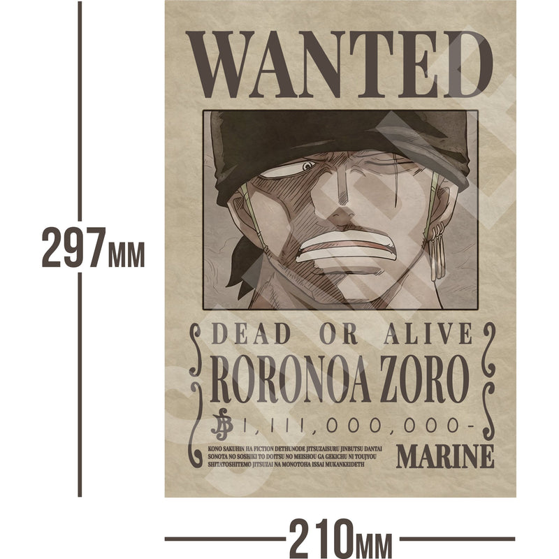 Roronoa Zoro One Piece Wanted Bounty A4 Poster 1,111,000,000 Belly
