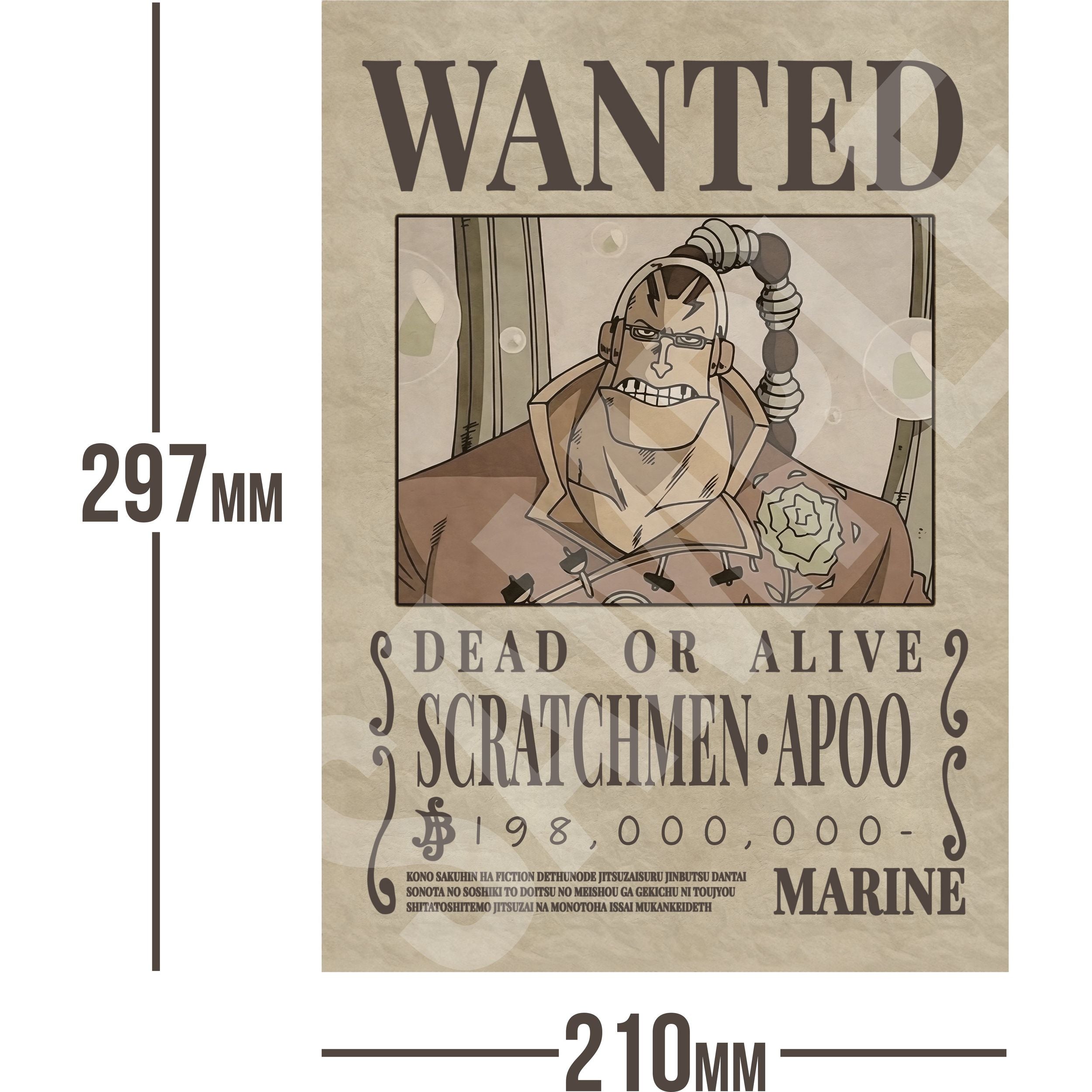 Scratchmen Apoo One Piece Wanted Bounty A4 Poster 198,000,000 Belly