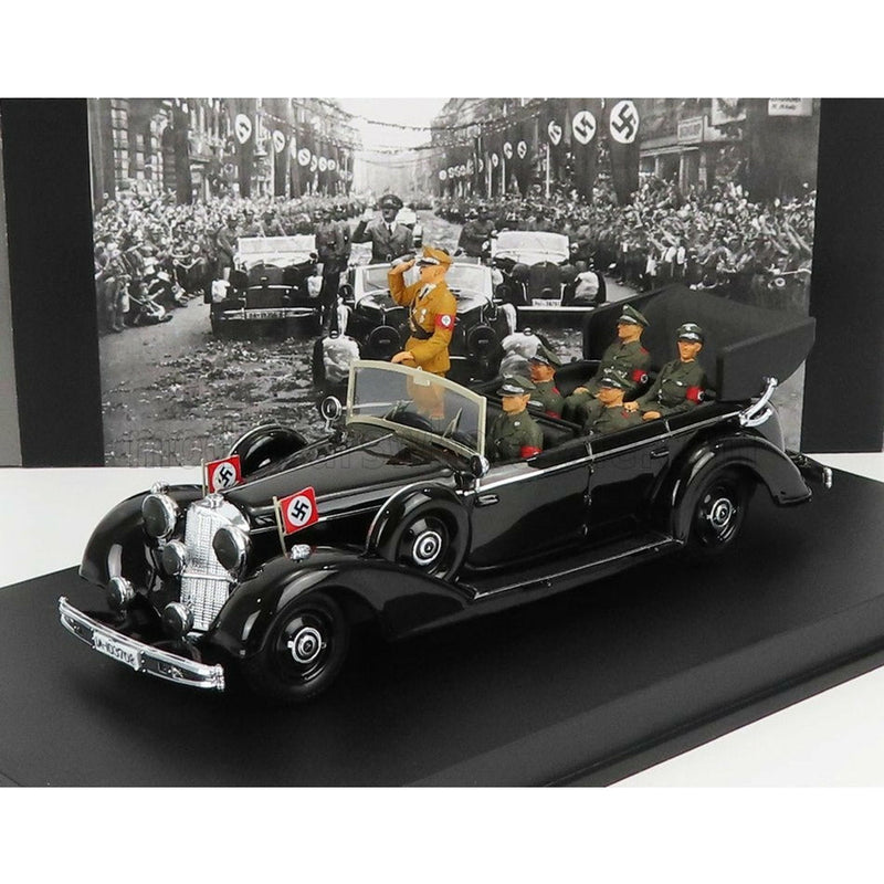 Mercedes Benz 770K Parade Cabriolet Open 1938 With Figures Adolf Hitler - Hermann Gã–Ring - Heinrich Himmler - Reinard Heydrich - Joseph Goebbels - Ss Driver Erich Kempka Military Black - 1:43