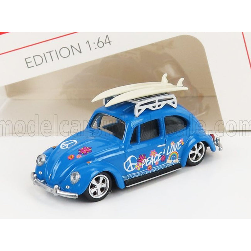 Volkswagen Beetle Kafer Maggiolino With Surfboard Peace & Love 1955 Light Blue - 1:64