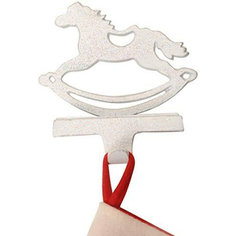 Christmas Stocking Hanger, Rocking Horse in White With Silver Glitter Accessory