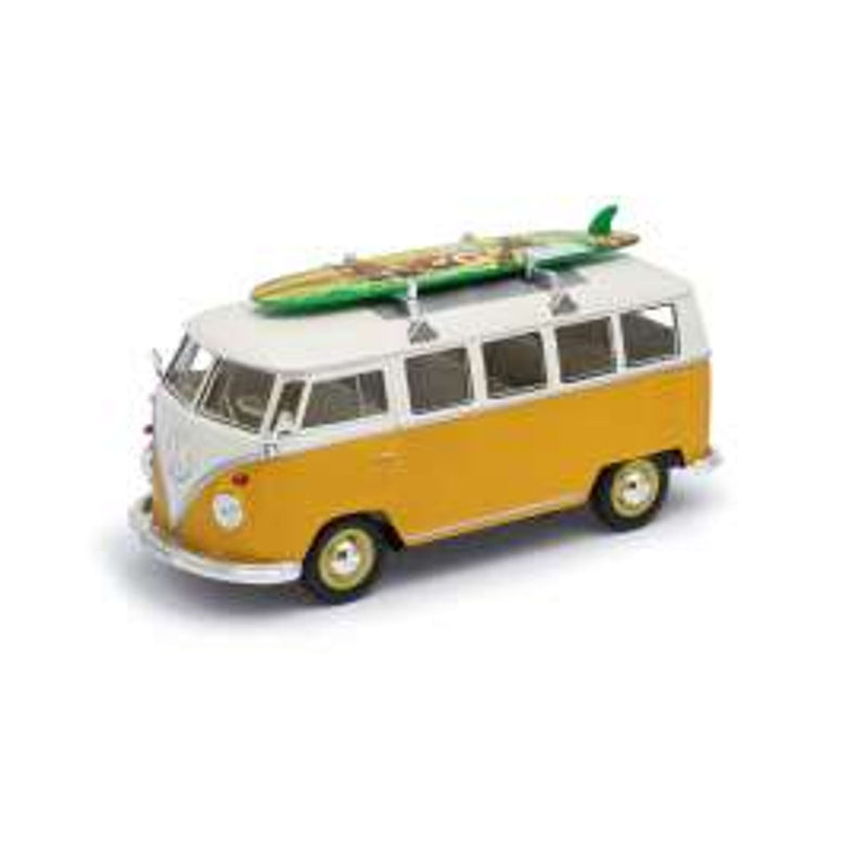 Volkswagen T1 Bus 1962 - Yellow / White With Surf Board On Roof - 1:24