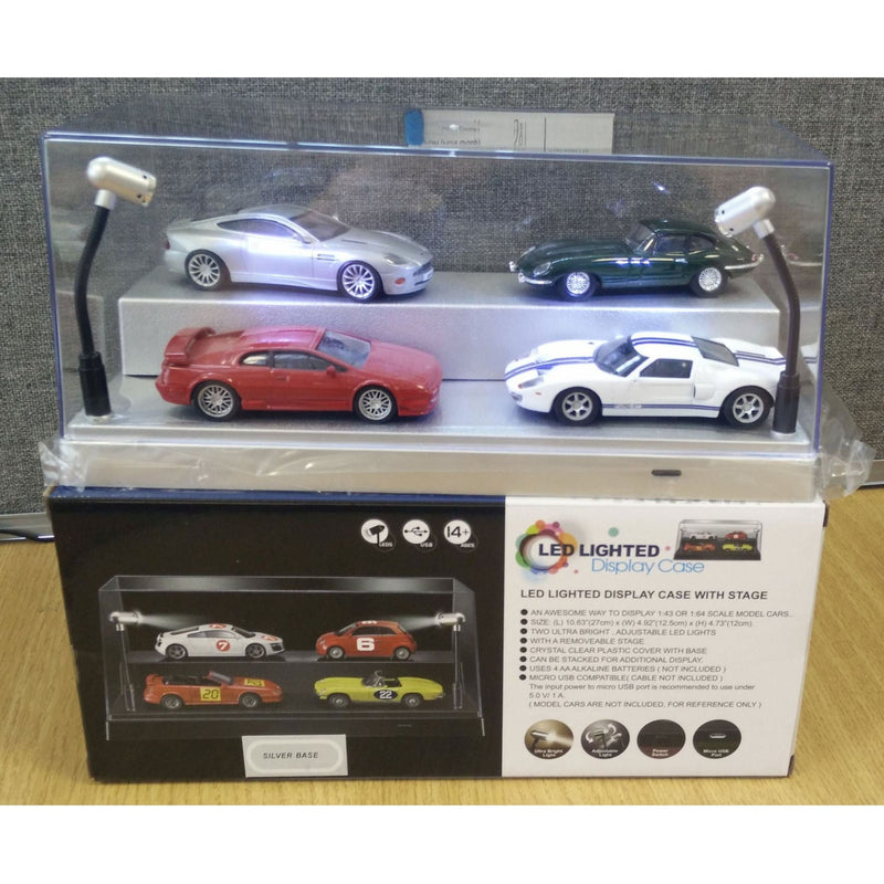Display Case And 2 Led Lamps (Silver Base) 1:24 / 1:43 / 1:64